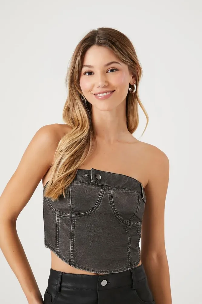 Women's Cropped Denim Tube Top in Charcoal Small