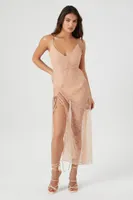 Women's Sheer Lace Drawstring Maxi Dress in Peach Small