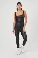 Women's Faux Leather Longline Sports Bra in Black Small