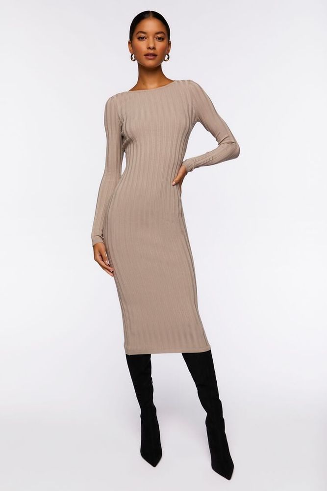 Women's Long-Sleeve Midi Sweater Dress in Oyster Grey, XL