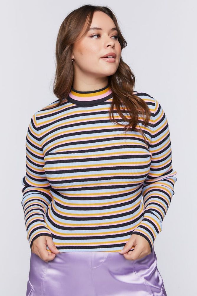 Women's Striped Ribbed Turtleneck Sweater in Black, 0X