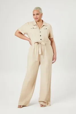 Women's Tie-Front Jumpsuit in Beige, 3X