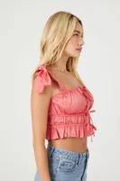 Women's Tie-Strap Bow Crop Top in Coral Pink Large