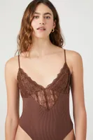 Women's Ribbed Lace-Trim Cami Bodysuit in Chocolate Medium