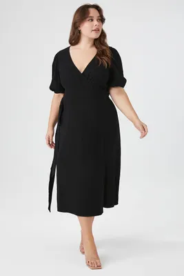 Women's Puff-Sleeve Midi Wrap Dress in Black, 3X