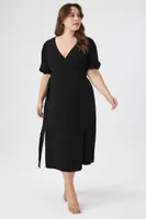 Women's Puff-Sleeve Midi Wrap Dress in Black, 3X