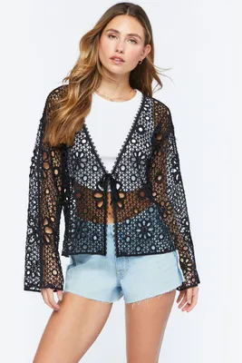 Women's Floral Crochet Tie-Front Jacket in Black Small