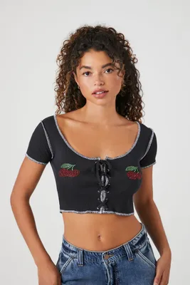 Women's Rhinestone Cherry Crop Top in Black Medium