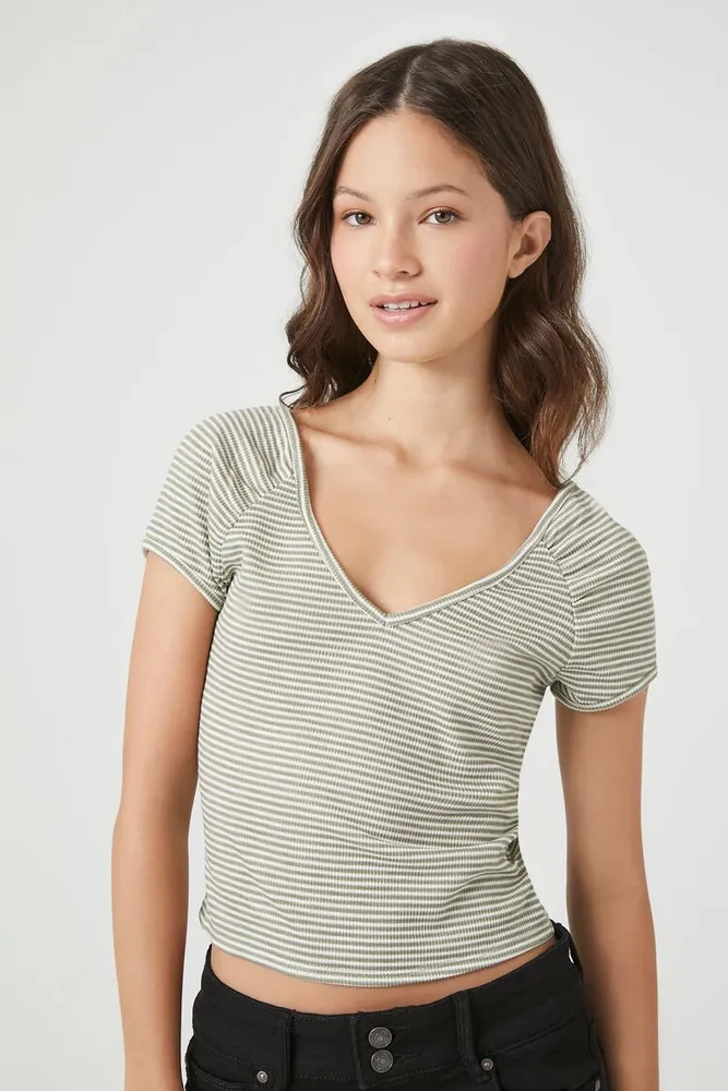 Women's Striped Rib-Knit T-Shirt in Sage/Ivory Medium