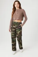 Women's Camo Print Denim Cargo Pants in Olive Medium