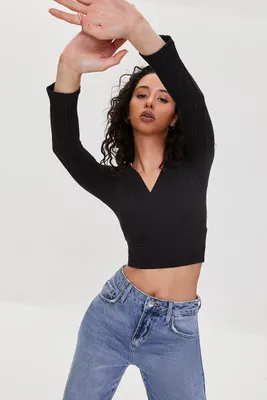 Women's Ribbed Surplice Crop Top in Black Small