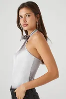 Women's Satin Rosette Halter Bodysuit in Silver, XS