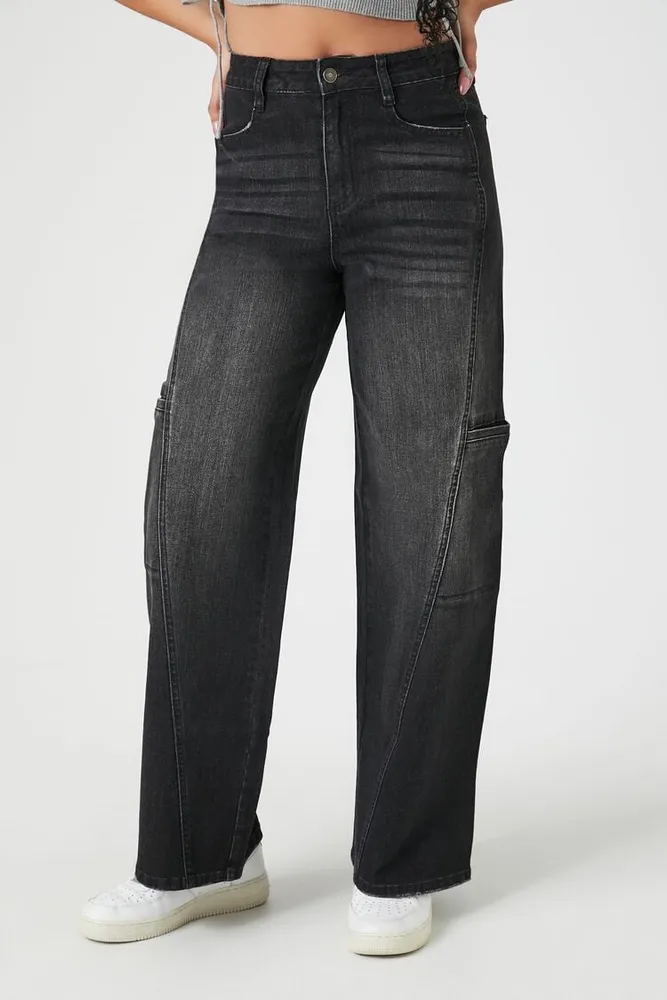 Women's Stone Wash Wide-Leg Jeans in Black, 26