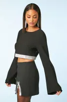 Women's Satin Rhinestone-Trim Crop Top Black