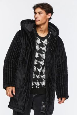 Men Hooded Plush Longline Coat in Black, XXL