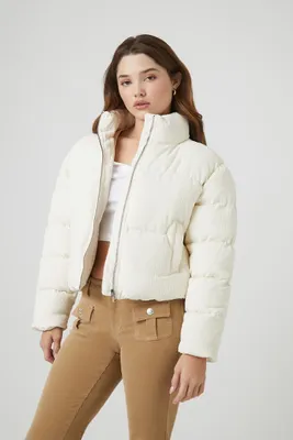 Women's Corduroy Quilted Puffer Jacket in White Large