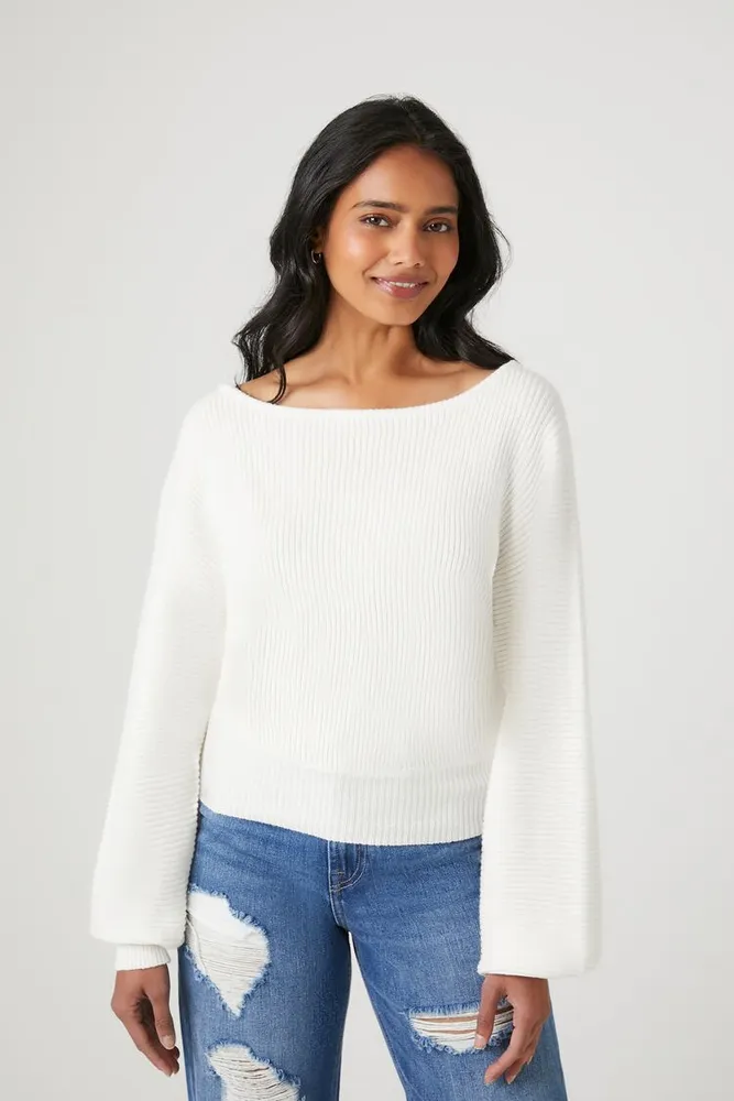 Women's Ribbed Boat Neck Sweater in White Small