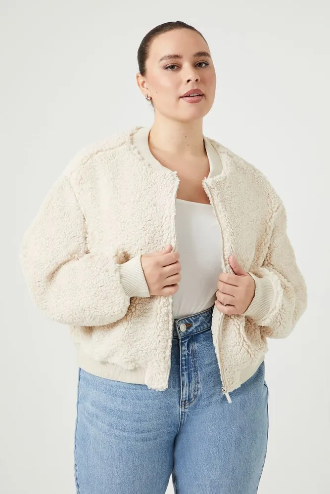 Women's Faux Shearling Bomber Jacket in Vanilla, 3X