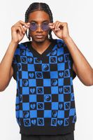 Men Checkered Yin Yang Sweater Vest in Black/Blue Medium