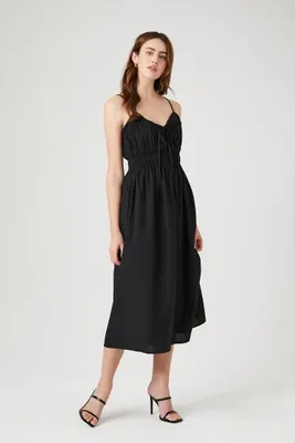 Women's Shirred Poplin Midi Dress in Black, XL