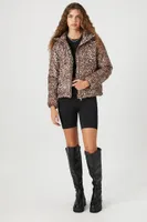 Women's Leopard Print Quilted Puffer Jacket in Brown Large