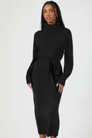 Women's Tie-Waist Turtleneck Sweater Midi Dress in Black Large