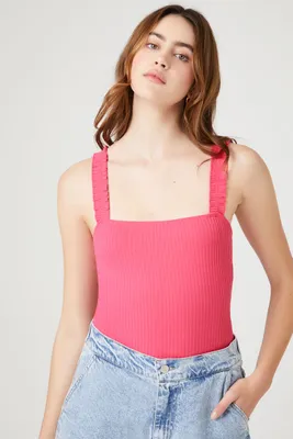 Women's Ribbed Ruffle-Strap Bodysuit in Hot Pink Small