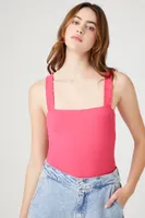 Women's Ribbed Ruffle-Strap Bodysuit in Hot Pink Small