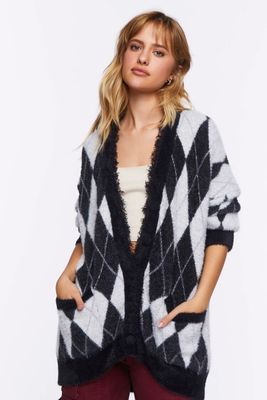 Women's Fuzzy Argyle Cardigan Sweater in Black Small