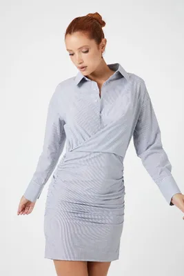 Women's Striped Ruched Mini Shirt Dress in Blue/Ivory Small