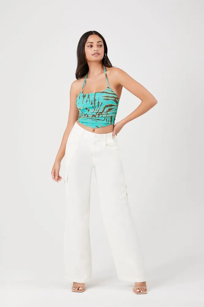 Women's Tiger Print Halter Crop Top in Blue Small