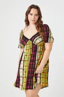 Women's Plaid Puff-Sleeve Mini Dress in Yellow, 1X