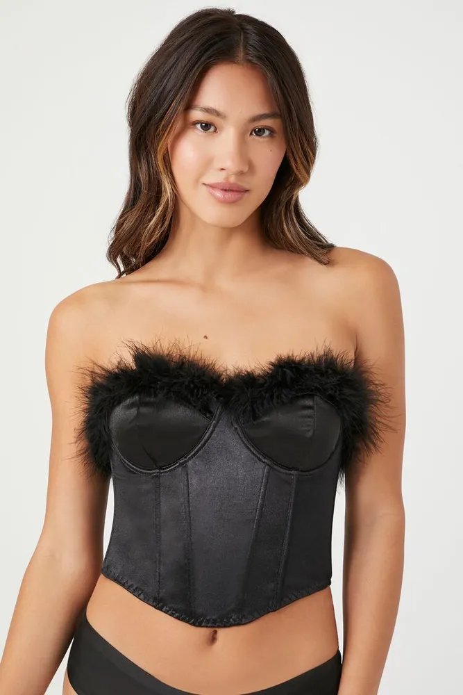 Forever 21 Women's Feather-Trim Satin Lingerie Corset in Black Medium