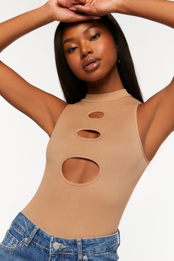 Women's Cutout Sleeveless Bodysuit Mocha,