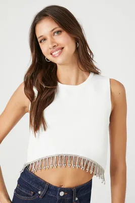 Women's Sweater-Knit Rhinestone Crop Top in White Small