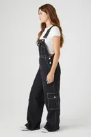 Women's Twill Wide-Leg Cargo Overalls in Black Small