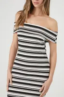 Women's Striped Off-the-Shoulder Midi Dress in Black/Vanilla Medium