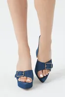 Women's Buckle Denim Flare Heels in Blue, 7.5