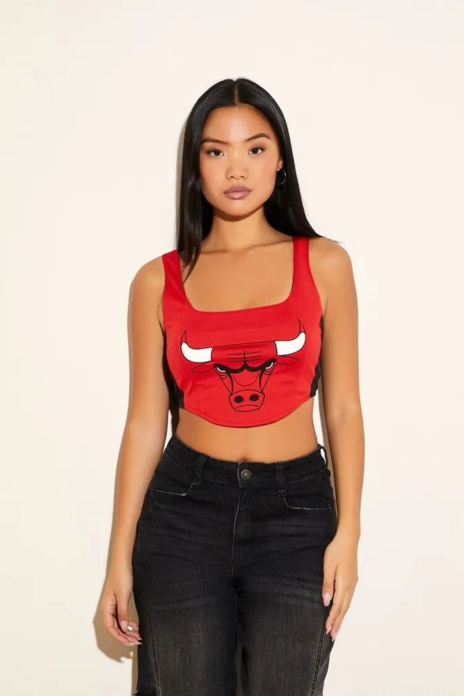 Women's Reworked Chicago Bulls Crop Top in Black/Red, XS