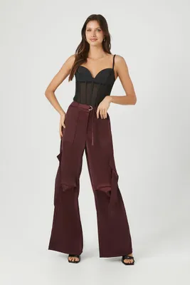 Women's Belted Satin Wide-Leg Cargo Pants