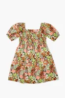 Girls Floral Print Puff-Sleeve Dress (Kids) in Black, 13/14