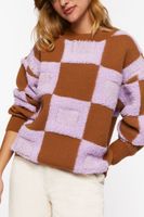 Women's Fuzzy Checkered Sweater in Purple/Brown Large