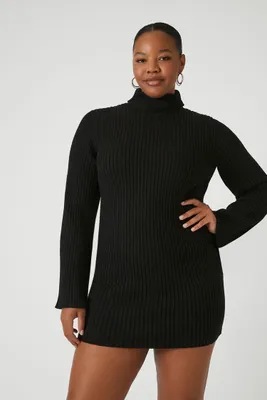 Women's Turtleneck Mini Sweater Dress in Black, 0X