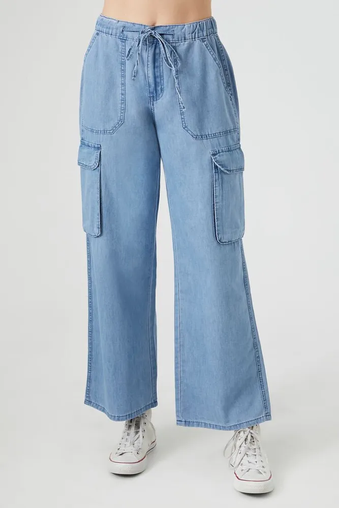 Women's Drawstring Cargo Pants in Medium Denim Large