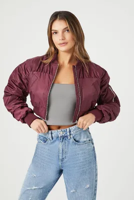 Women's Ruched-Sleeve Cropped Bomber Jacket in Burgundy Large