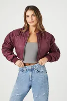 Women's Ruched-Sleeve Cropped Bomber Jacket in Burgundy Large