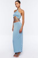 Women's Slinky Halter Top & Maxi Skirt Set in Light Blue Large