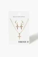 Women's Cross Necklace & Drop Earring Set in Gold