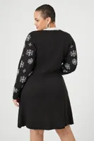 Women's Santa & Reindeer Sweater Dress in Black, 1X