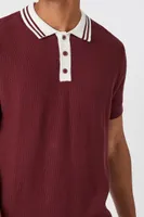 Men Striped-Trim Polo Shirt in Burgundy/Cream Medium